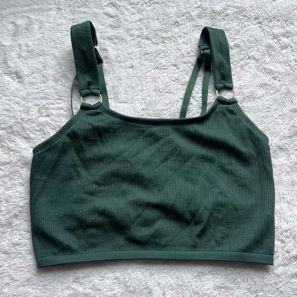 Aerie Womens XL Forest Green Ribbed Seamless Bralette O-Ring Straps Crop Top NEW